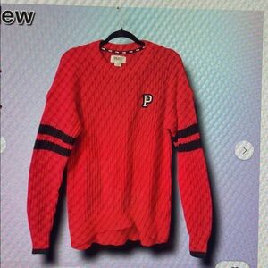 PINK Victoria's Secret Pink Varsity Knit Red Sweater Black Arm stripes Size L